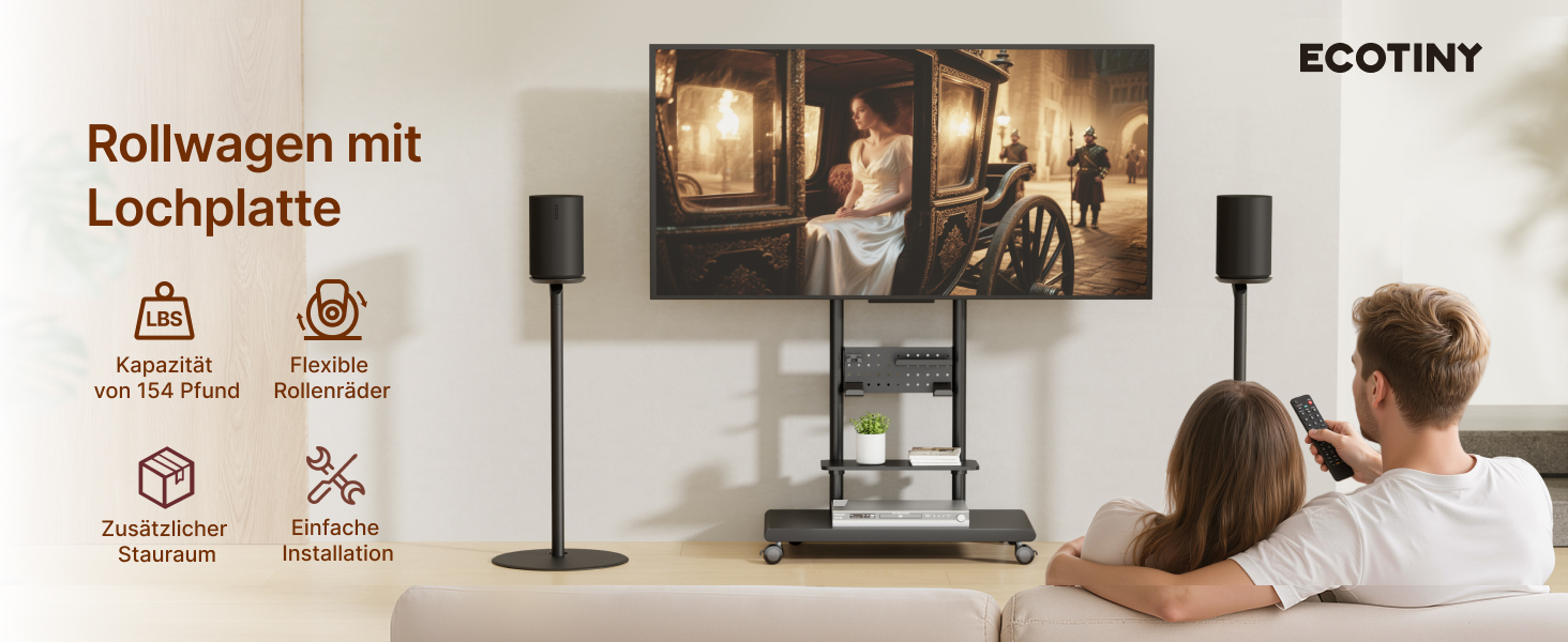 Підставка для телевізора на колесах, 50-90 дюймів, до 70 кг, регульована висота та нахил, з полицями, VESA 600x400 мм