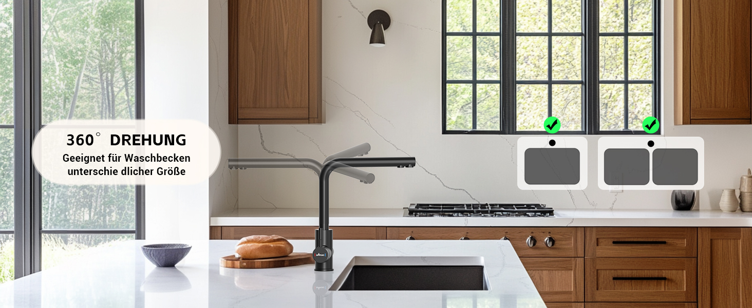 Чорний кухонний змішувач Appaso з висувною лійкою, 360° обертання, 2 режими струменя, для кухні | Нержавіюча сталь