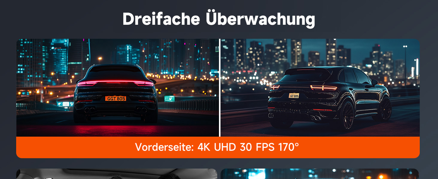 Відеореєстратор E-YEEGER 3-канальний 4K + 1080P + 1080P з Wi-Fi, 32GB карта, нічна зйомка, G-сенсор, паркування - чорний