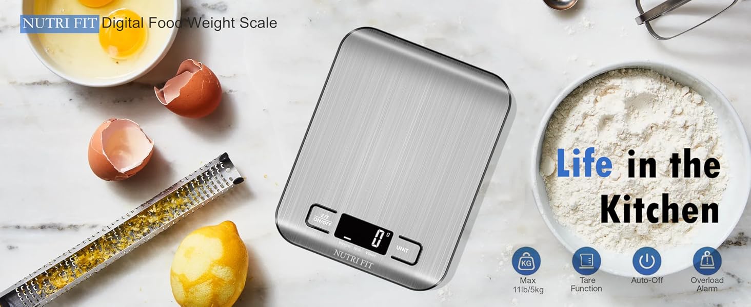 Кухонні ваги Nutri Fit: цифрова вага з нержавіючої сталі, ультраплоска, LCD-дисплей, 5 кг, 4 одиниці вимірювання