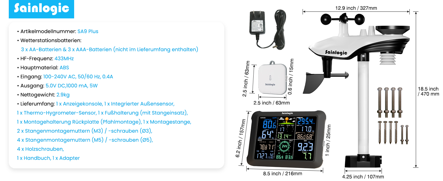 Метеостанція Sainlogic Smart Wetterstation SA6 Plus WiFi: 12-в-1, датчик зовнішньої температури, E-mail сповіщення, цифровий дощомір, анемометр (чорна)