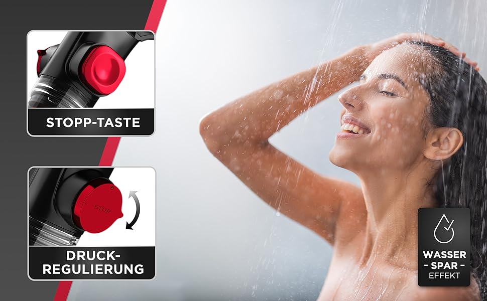 LOBENSWERK Shower Head with Filter [3 Modes - incl. Booster] Water-Saving Shower Head with Mineral Beads | Hand Shower, Shower Head, Shower in Black incl. Tool, Replacement Beads & Stainless Steel Plate (Transparent Handle)