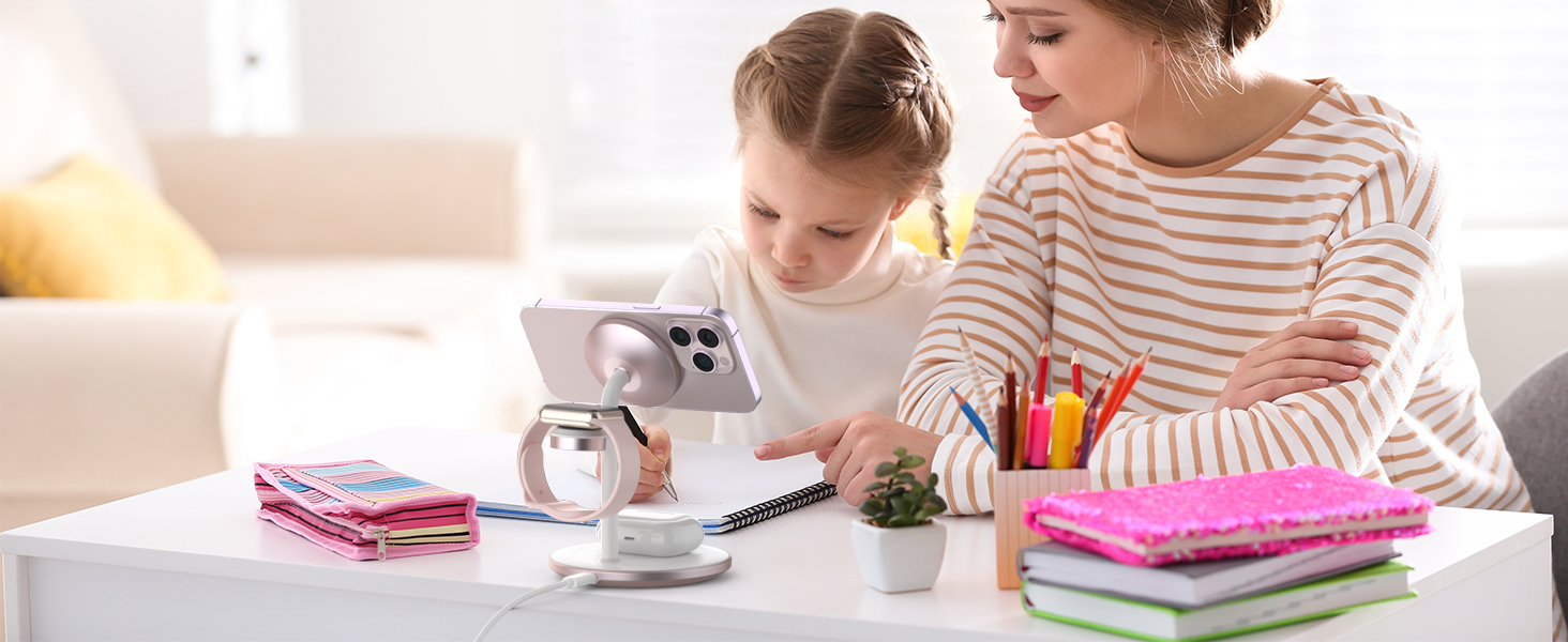 База для бездротової зарядки 3-в-1: iPhone, iWatch, AirPods. 15W, MagSafe, рожеве золото