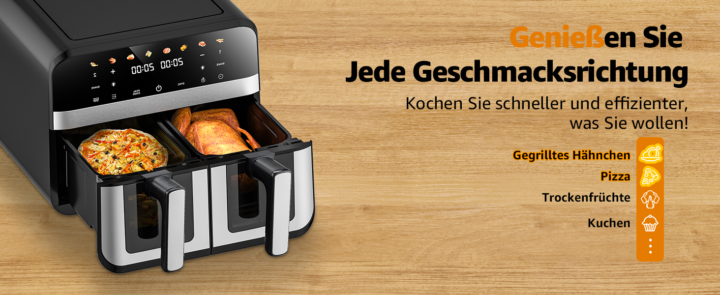 Фритюрниця повітряна Jacgood з 2 кошиками, 1800W, 9L, цифрове керування, 8 меню, з прозорим вікном