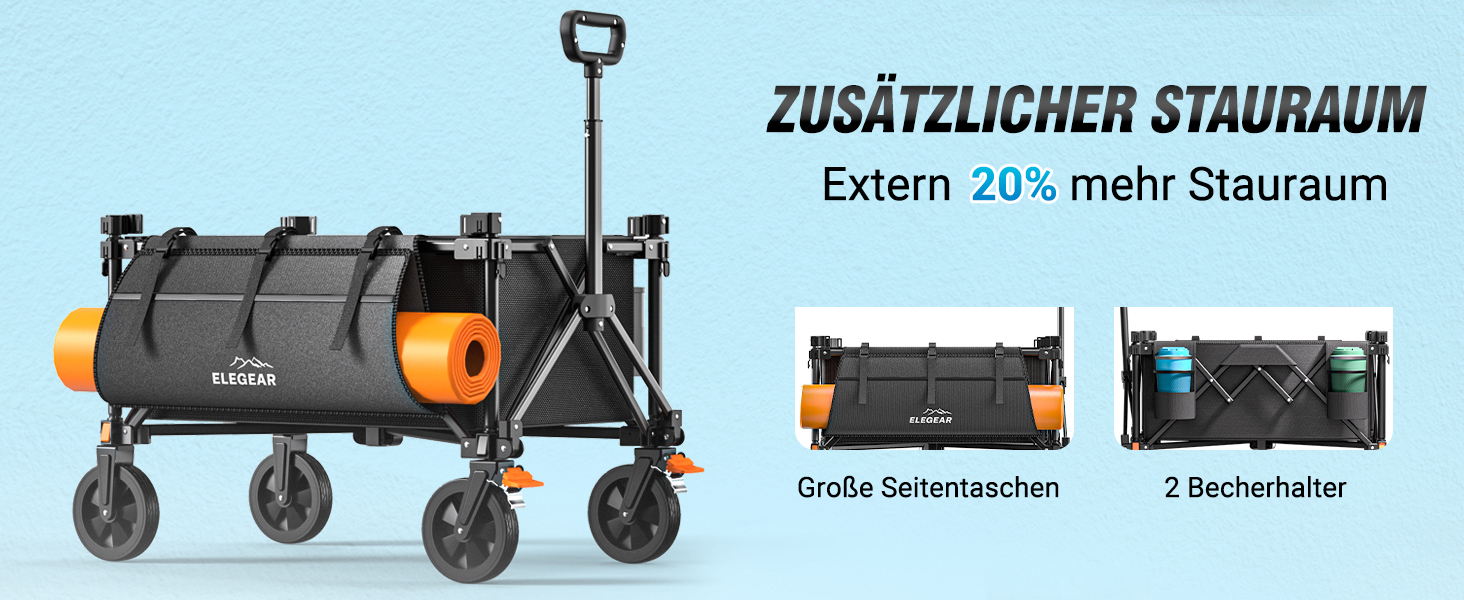 Візок-теліжка Elegear Bollerwagen 200л для пляжу, саду, кемпінгу з гальмами, 2 тримачі для напоїв, 2 бічні кишені, чорний
