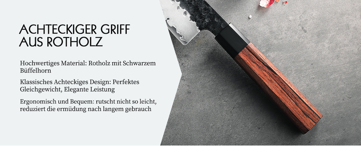 Японський ніж Kiritsuke Messer 21.5 см, сталь 3 шари, професійний, ручка з червоного дерева, дерев'яна піхва