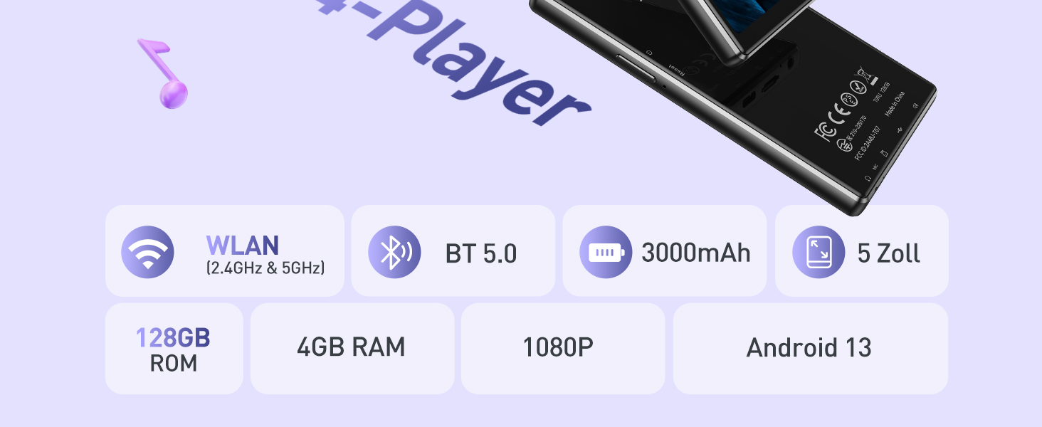 MP3 плеєр AGPTEK 128GB з Bluetooth, Wi-Fi та Android 13, 5