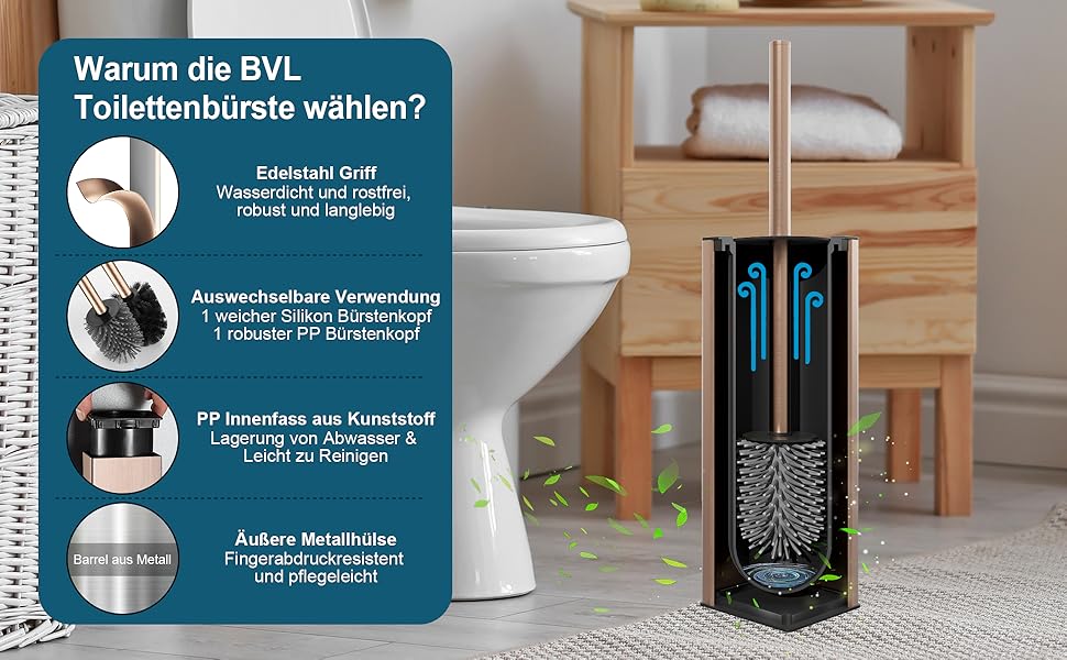 Набір для туалету BVL з щіткою та тримачем, метал, рожеве золото, 2 насадки