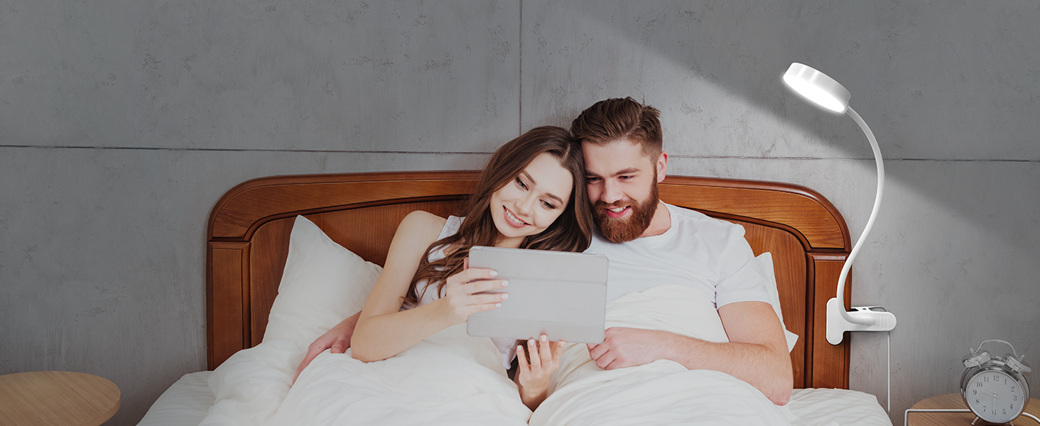 Glocusent 5W LED Лампа для читання на ліжко, кліпса, 3 кольори/5 рівнів яскравості, гнучкий тримач, CRI 90, USB зарядка (біла)