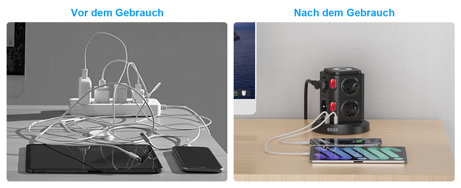 Мережевий фільтр BEVA на 8 розеток з USB-C та USB-A, LED-підсвіткою, 2 окремими вимикачами та захистом від перенапруги, кабель 2м, 2500Вт, чорний