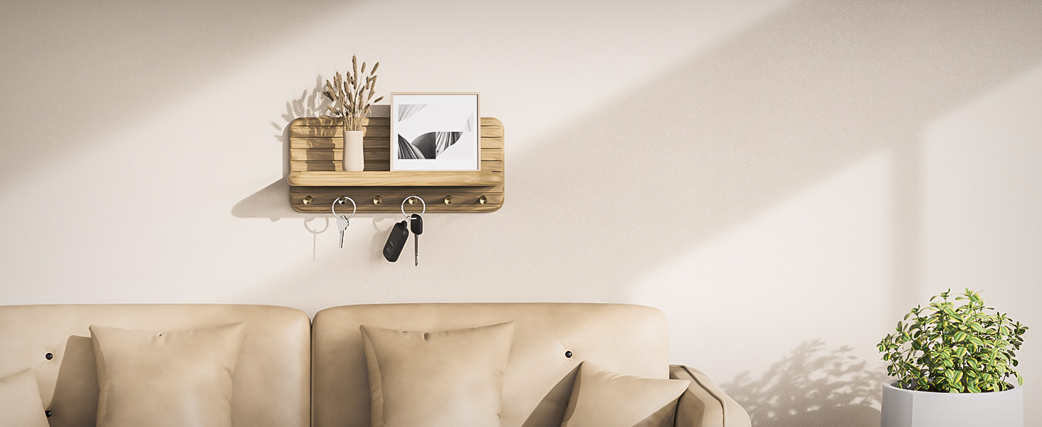 Дерев'яне ключове дошка з полицею та 6 гачками для прихожей, коридору, кухні