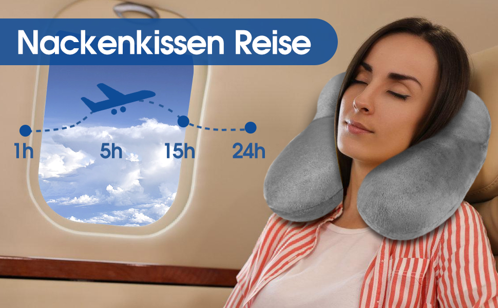 Подушка для шиї BBjinronjy надувна для подорожей, літака, офісу, авто, кемпінгу, з чохлом з м'якого велюру, ергономічна, з навушниками (сіра)