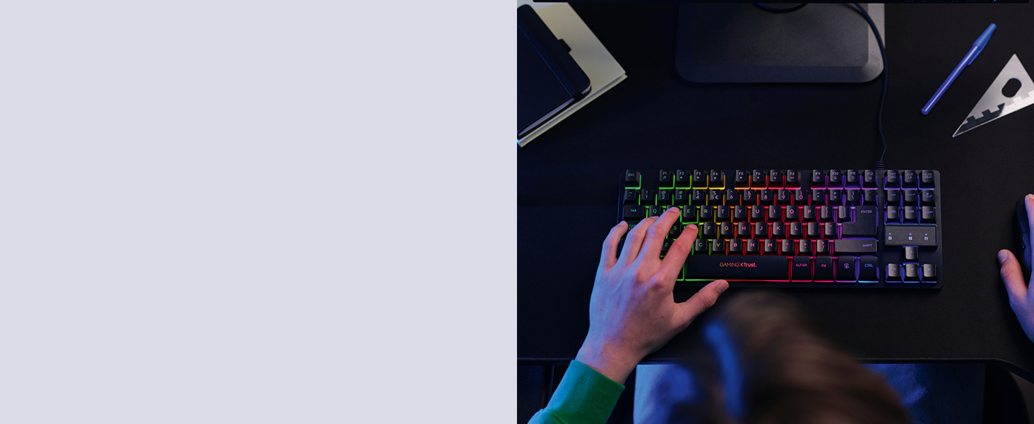 Trust GXT 1794 Комплект для геймінгу: клавіатура QWERTZ DE, миша та килимок, LED підсвітка, бездротова миша (80 годин), компактна TKL USB клавіатура, чорний