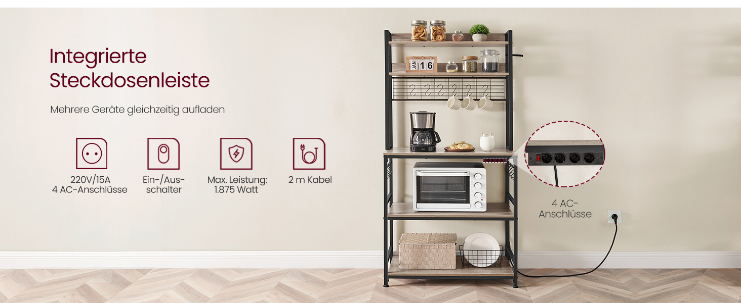 Стелаж кухонний VASAGLE з розетками, для мікрохвильової печі, з решіткою, 14 гачків, антрацит-чорний (40 x 80 x 170 см)