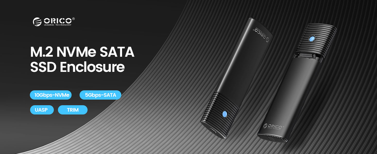 Зовнішній корпус-адаптер ORICO для M.2 NVMe та SATA SSD, USB 3.2 Gen 2 10Gbps, PCIe/NGFF B+M Key (2230/2242/2260/2280), алюмінієвий, без інструментів, PWDM2-BK, чорний