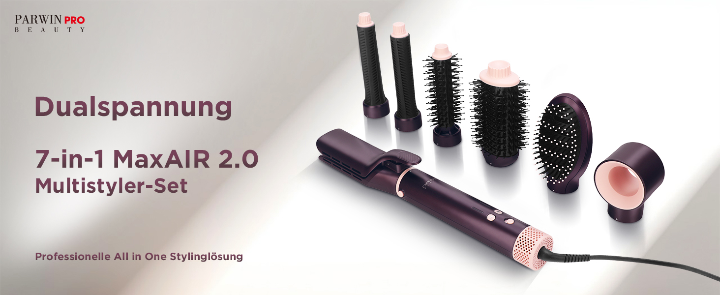 PARWIN PRO BEAUTY MaxAIR 2.0 Multi-Styler Set: 7-в-1 Фен, Плойка, Випрямляч, Щітка для об'єму, 110000 об/хв, Автоматична намотка, Подвійна напруга, Jasper Plum