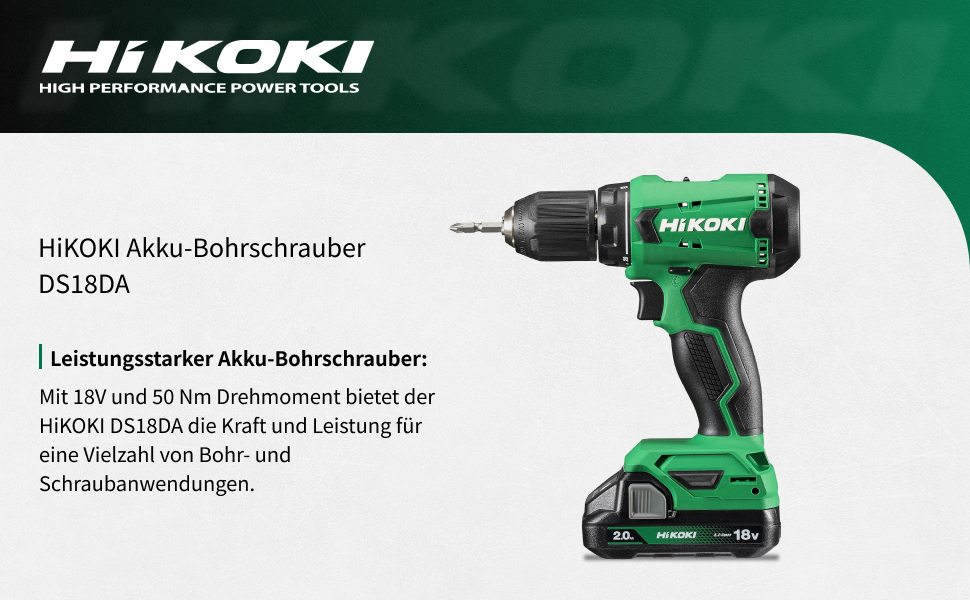 Акумуляторний дриль-шурупокрут HiKOKI DS18DA (18V, Li-Ion, 50 Нм, 20-рівневе регулювання крутного моменту, LED, у транспортному кейсі, з 2x 2.0 Ah акумуляторами та зарядним пристроєм)