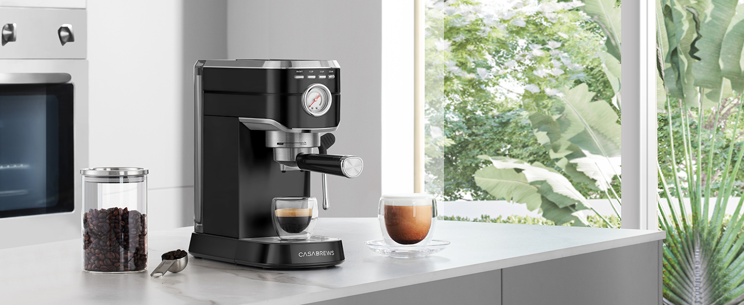 CASABREWS Еспресо-кавомашина Siebträger з нержавіючої сталі, 20 Bar, з професійним капучинатором, компактна для еспресо, капучино, лате макіато, об'єм бака 1л, чорна