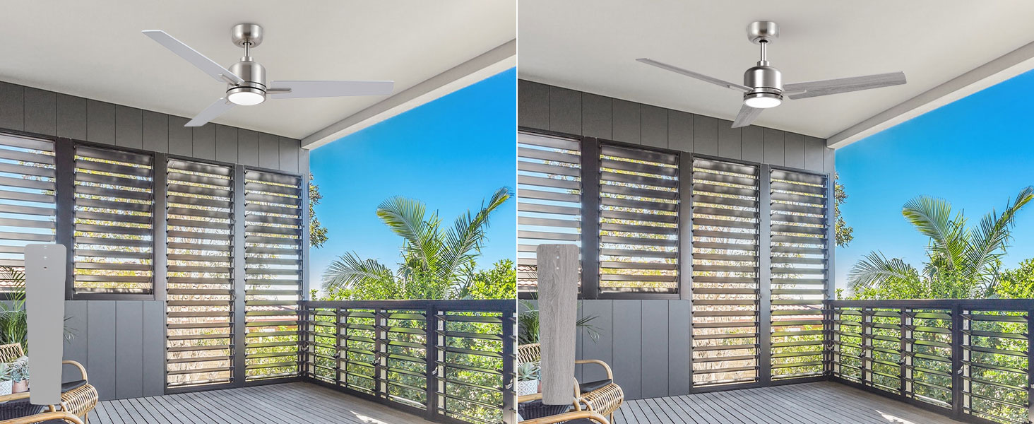 Стеляний вентилятор Newday з дерева білого кольору, 122 см з підсвіткою та пультом керування. Тихий вентилятор на стелю з лампою, регульована яскравість, DC мотор, реверсивний режим для спальні та вітальні (122-silber-holz)