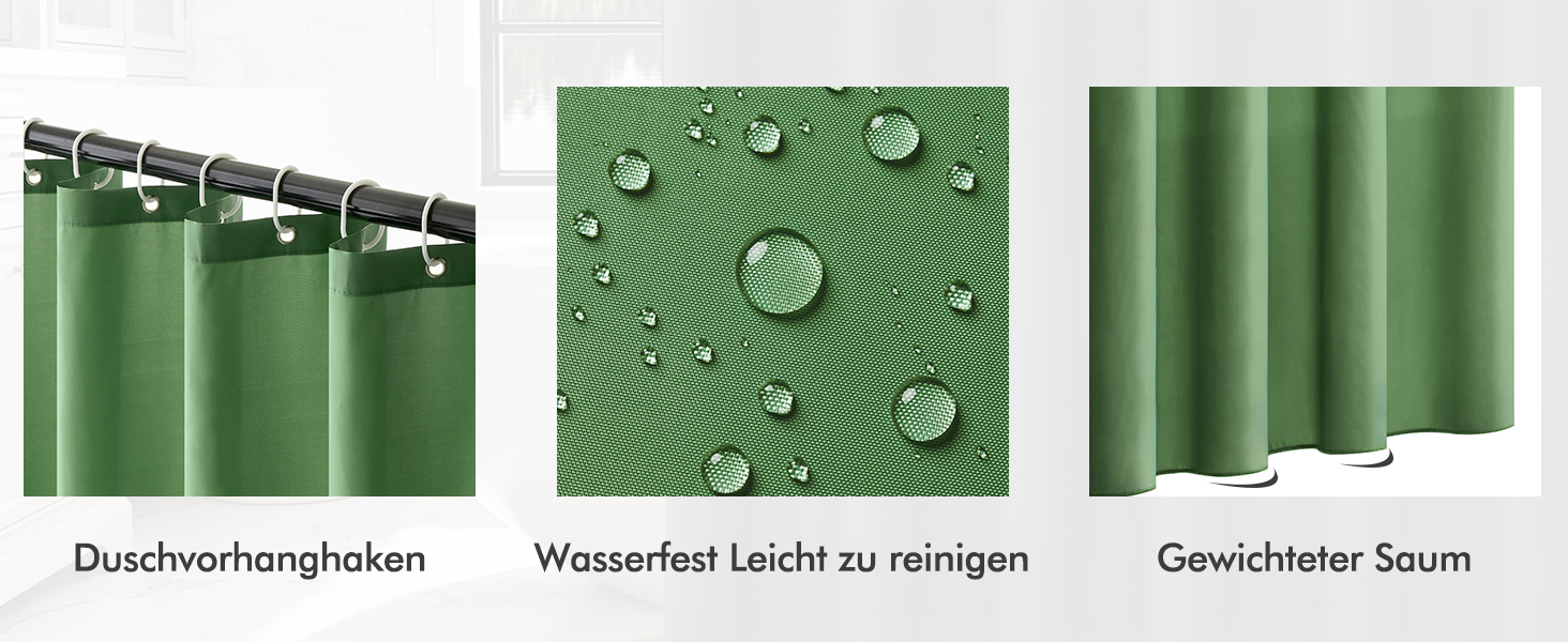 Шторка для душу MIULEE 180x200 см, зелена, водовідштовхувальна, антигрибкова, текстильна, для ванни та душу, з 12 кільцями