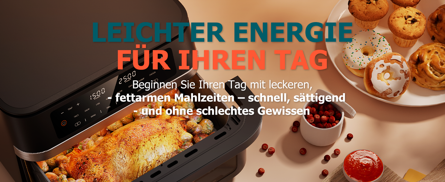 Електрична фритюрниця без олії, 12L, з подвійним відсіком, сенсорний екран, 10 програм, чорна