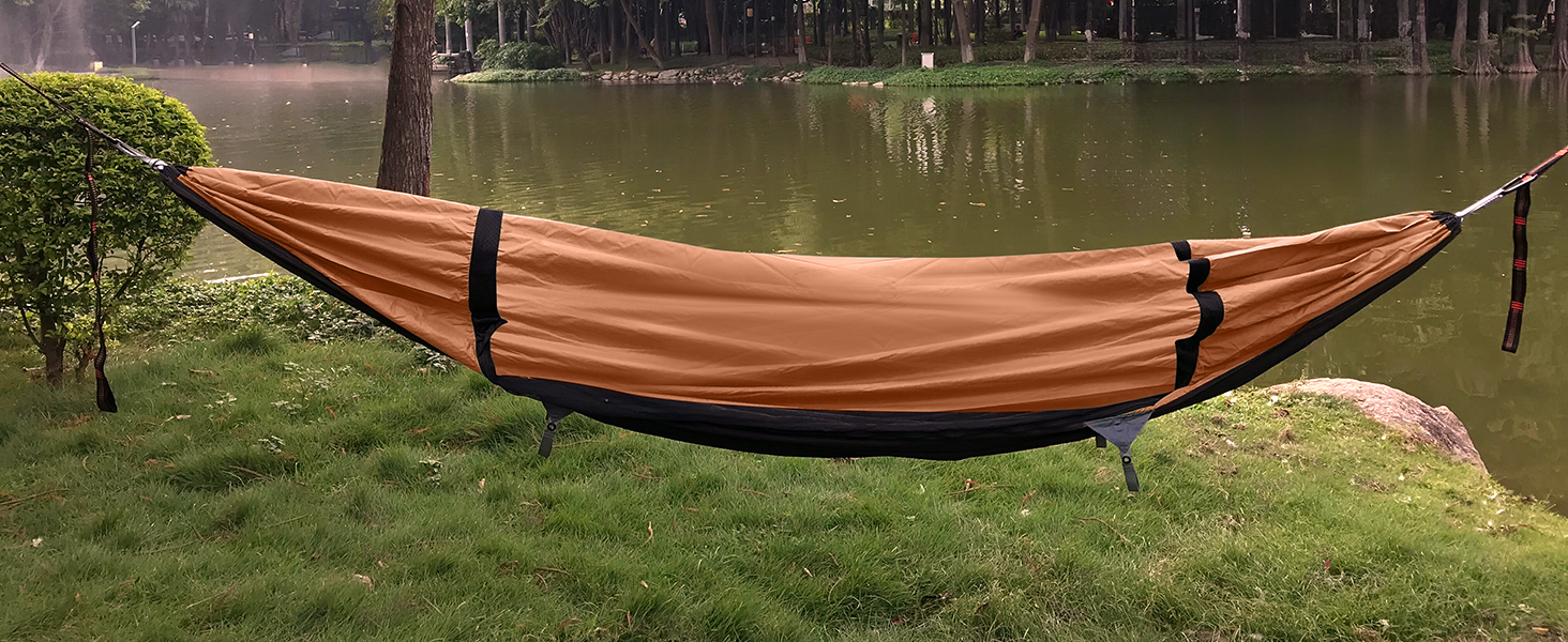 Гамак-намет для кемпінгу з москітною сіткою та сонцезахистом, 290x140 см, великий простір, легкий, з ременями для кріплення до дерева, підлоговий намет для відпочинку на природі, пікніків, походів, зелений (помаранчевий)