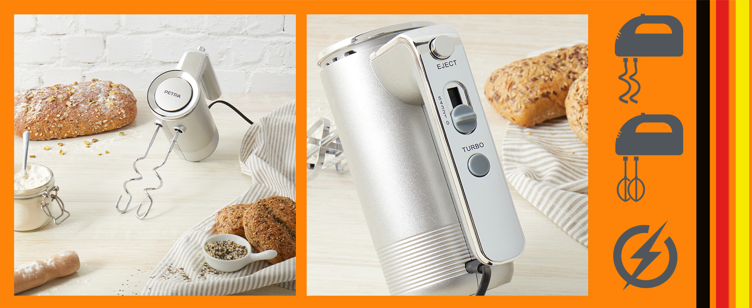 Ручний міксер Petra 300W з 5 швидкостями, турбо-функцією, гаками для тіста та вінчиками, сріблястого кольору з підставкою