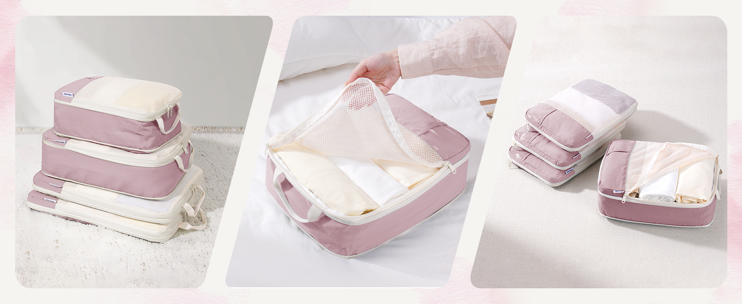 Набір органайзерів для валізи Narwey (6 шт.) - кубики для пакування з компресією, бежевий. Організація подорожей та зручне пакування речей.