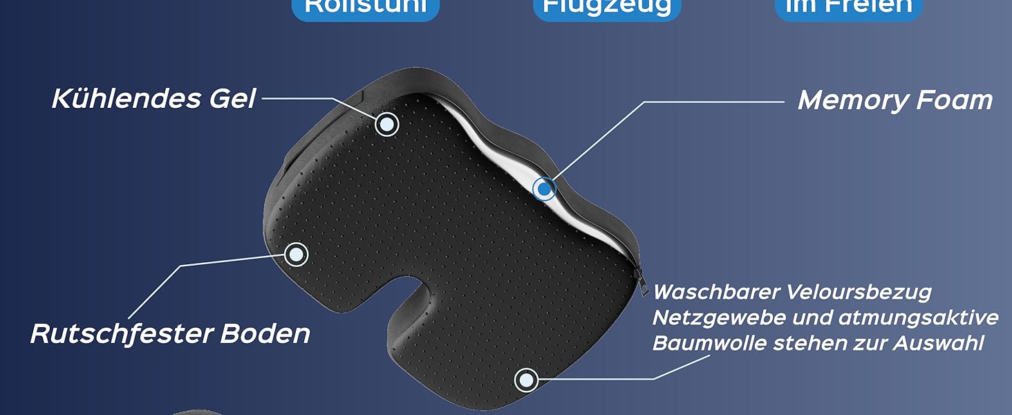 Ортопедична подушка для сидіння Bonmedico з Memory Foam Gel - для авто, офісу, інвалідного візка. Чорний велюр (Стандарт)