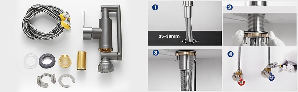Кухонний змішувач Vorfenster з поворотним гусаком 1080°, 2 режими струменя, нержавіюча сталь, для кухні/ванної кімнати