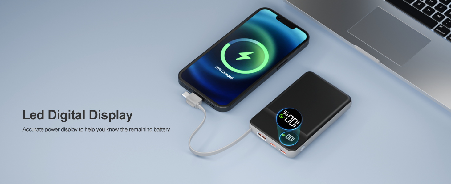 Powerbank MagSafe 20000mAh з PD 20W, USB-A, магнітним з'єднанням, інтегрованими кабелями, бездротовою зарядкою 15W, цифровим дисплеєм, сірий колір