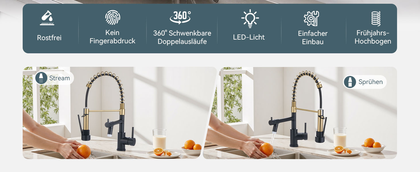 Кран кухонний LED Warmiehomy професійний, 360° поворотний, з двома виливами, високий вигин, спіральна пружина, для мийки, брашований нікель (чорний та золотий)