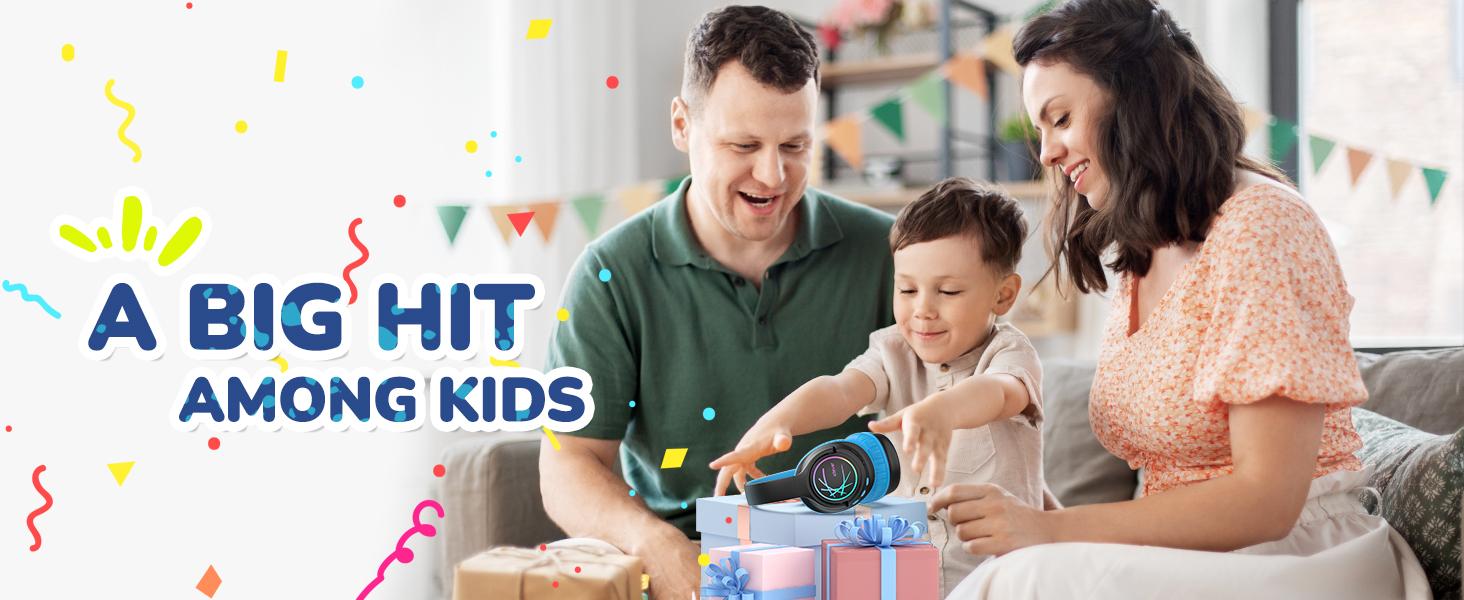 iClever Бездротові навушники для дітей з LED-підсвіткою, обмеження гучності 74/85дБ, 43 години роботи, стерео звук, Type-C, AUX-кабель, Bluetooth 5.3, для планшетів/подорожей (Чорний та фіолетовий)