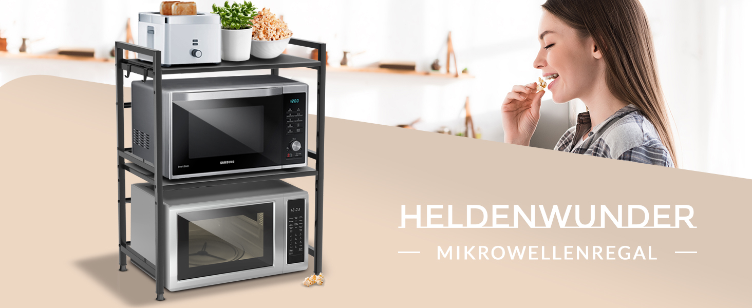 Стельовий полиця для мікрохвильової печі Heldenwunder | Стійка полиця для кухні зі сталі (3-рівні) | Чорний колір