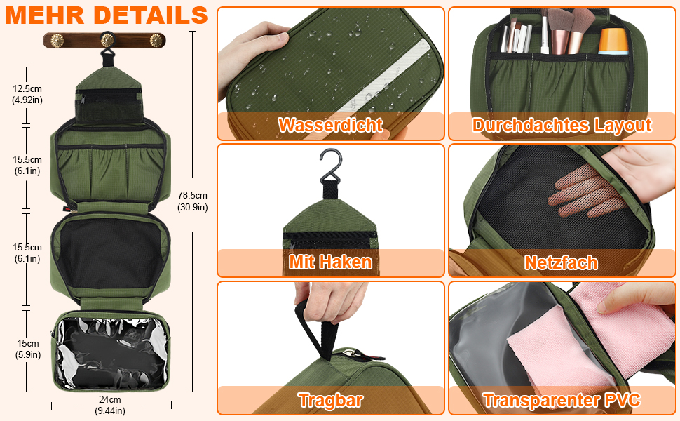 Чоловіча та жіноча косметичка для подорожей з відділеннями, водонепроникна, з гачком, зелена