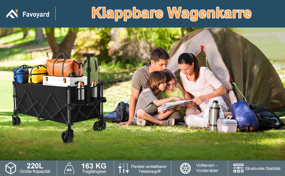 Візок складаний Favoyard XXL 220л, вантажопідйомність 163кг, чорний - для кемпінгу, саду, покупок