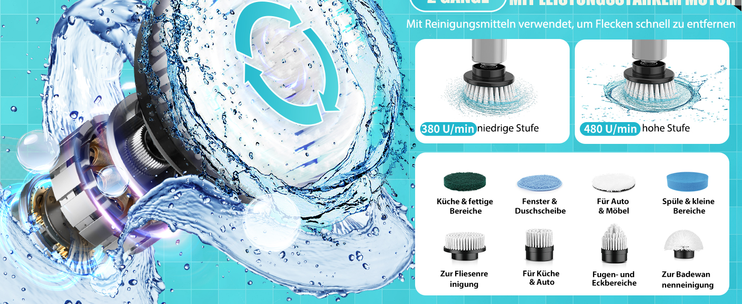 Електрична щітка для прибирання YKYI, Spin Scrubber з 8 насадок, водонепроникна IPX7, для ванної, підлоги, кухні, білий (сірий)