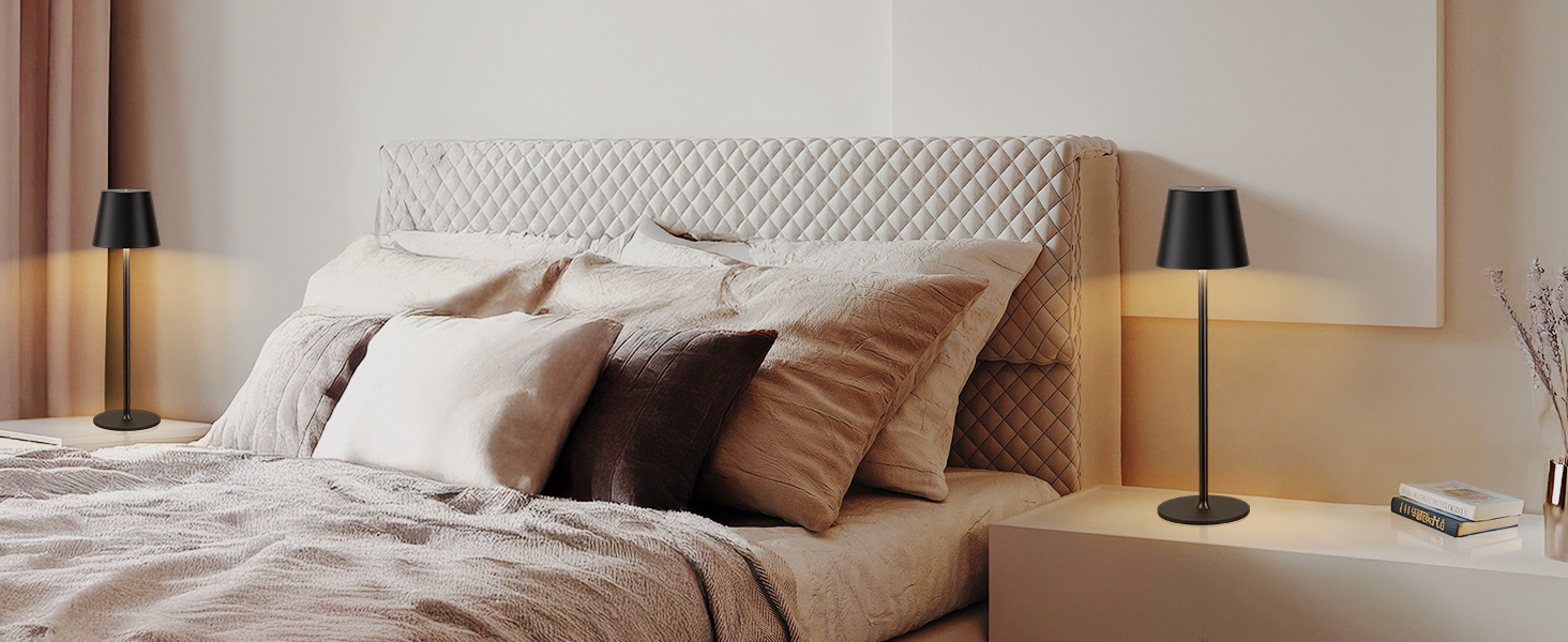 Набір з 2 бездротових настільних світильників LED з акумулятором, сенсорне регулювання яскравості, 3 режими кольору, USB-C зарядка для спальні, столу, кемпінгу (Чорний)