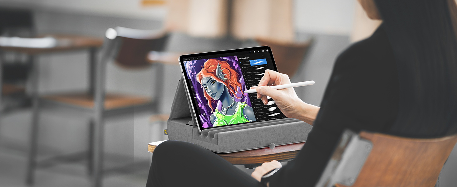 Підставка-подушка для планшета KDD, складаний тримач для iPad Pro 12.9, 10.5, 9.7, Air, Mini, електронних книг, сіра (з кишенею та тримачем для стилуса)