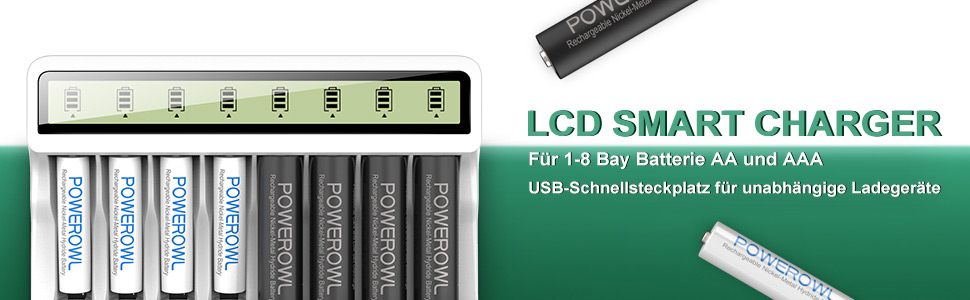 Зарядний пристрій Powerowl з LCD екраном для акумуляторів NI-MH NI-CD AA AAA (Micro-USB, незалежний слот), білий