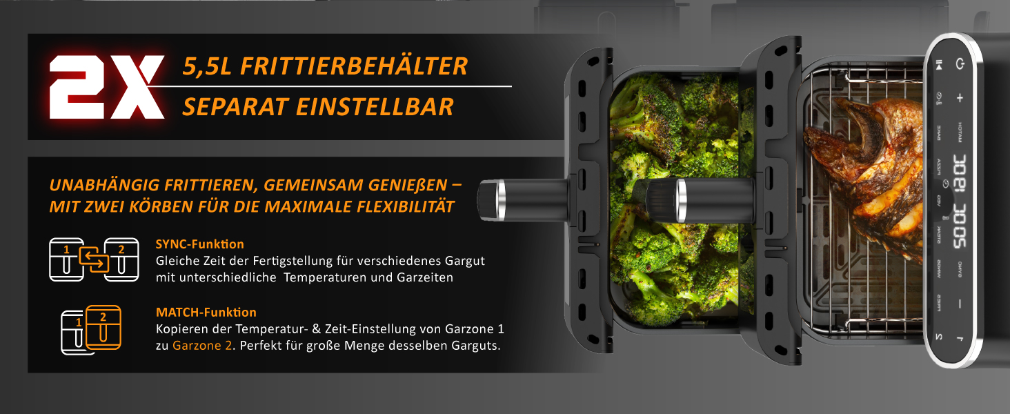 Фритюрниця Arendo з гарячим повітрям XXL Dual Zone з 2 камерами – 11 л – 2 зони – Airfryer з подвійними камерами та вікном – 6 програм – Без BPA – 3D циркуляція повітря – Функції Sync та Match A: 11 літрів