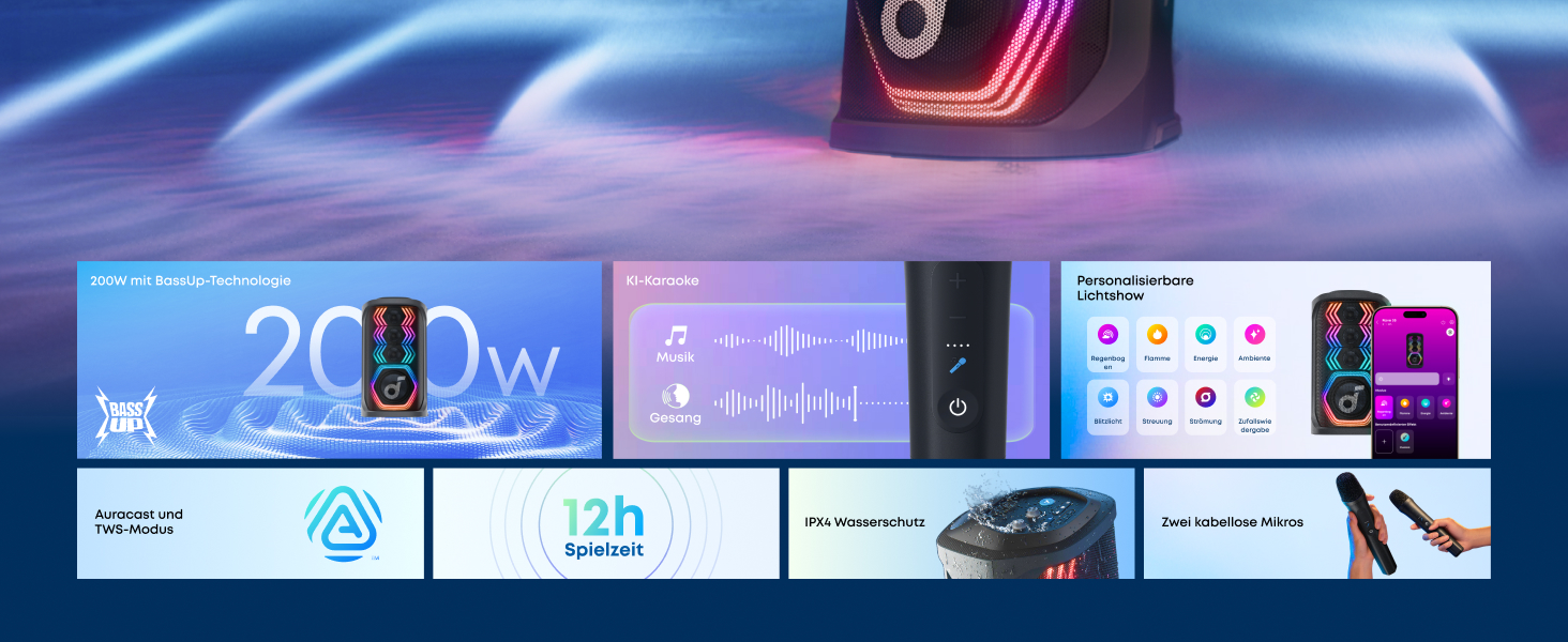 Soundcore PartyBox Rave 3S – портативна колонка з мікрофонами, 200 Вт, Bluetooth, світлодіодна підсвітка, AuraCast, 12 годин роботи, для дому та вулиці