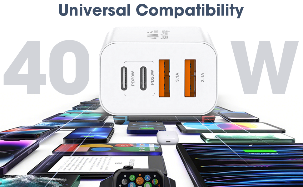 Набір зарядних блоків USB-C 40W з 4 портами (2xUSB-C, 2xUSB-A) - 2 шт. для iPhone, iPad, Samsung (Білий)