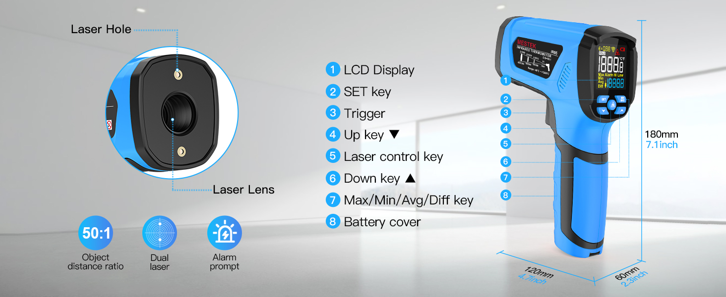 Інфрачервоний термометр MESTEK -40°C до 1600°C: цифровий лазерний вимірювач температури з K-зондом, LCD дисплеєм та сигналізацією. Підходить для кухні та промисловості.