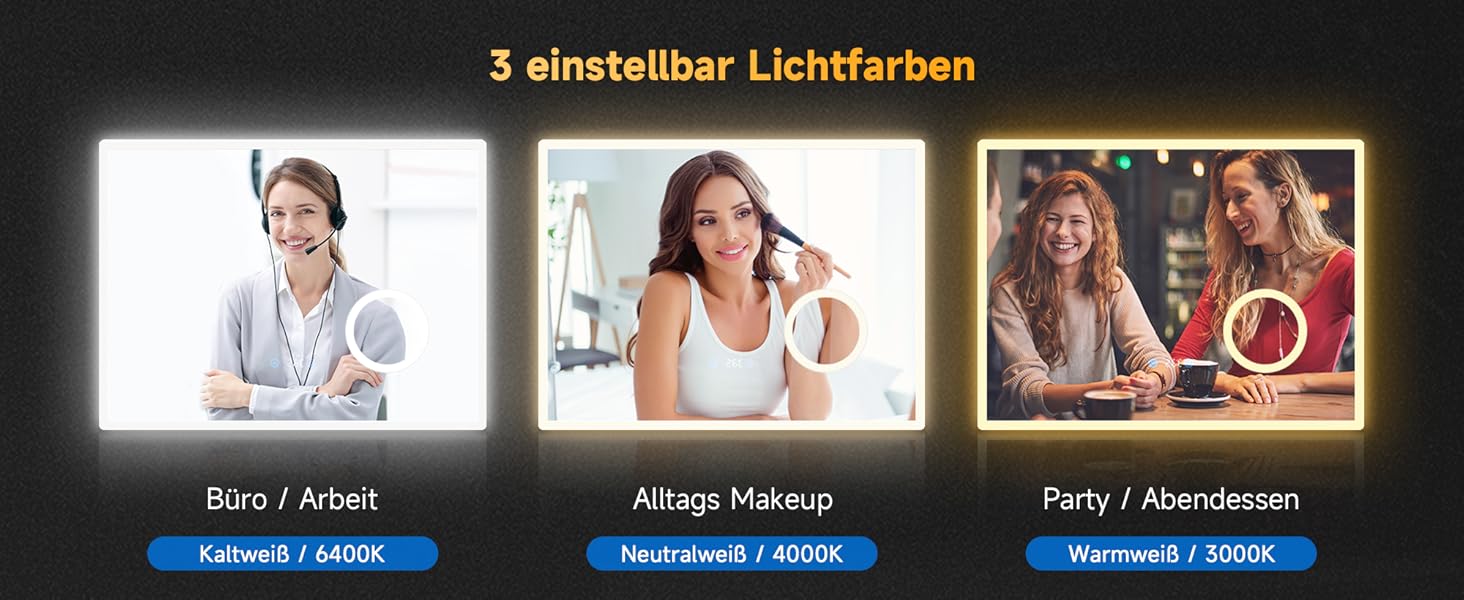 Дзеркало для ванної кімнати SONNI з підсвічуванням 80x60 см, 3 кольори світла, проти запотівання, LED, сенсорна кнопка, годинник, температура, 3-кратне збільшення