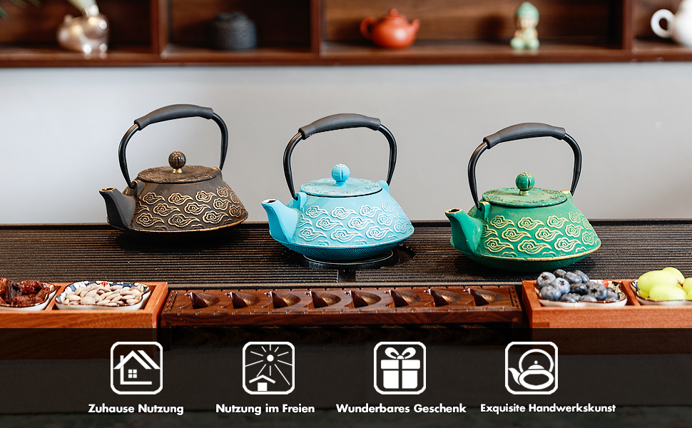 Cast iron teapot, Japanese teapot with infuser for loose tea, 800ml teapot suitable for stovetops, with enameled interior coating, cloud pattern, 27oz Green (Sky-blue)