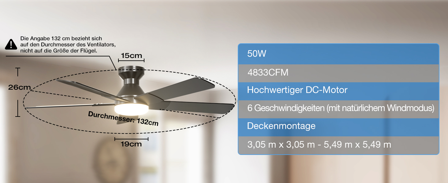Стельовий вентилятор Passky 132 см з LED-освітленням та пультом керування, DC-мотор, 6 швидкостей, 3 режими світла, реверс (літо/зима), чорний