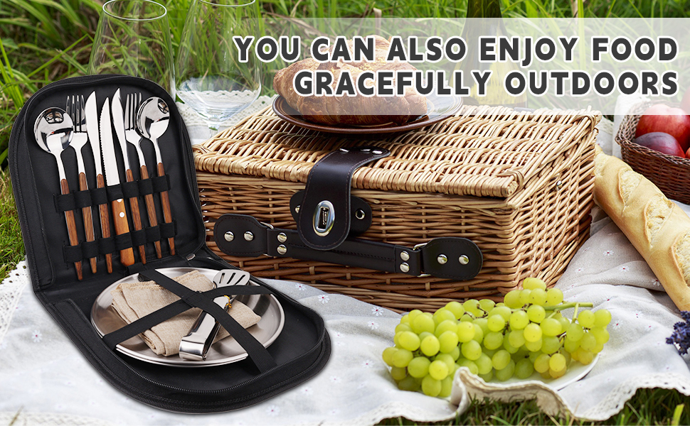 Набір посуду для кемпінгу на 2 особи, 12 предметів, нержавіюча сталь, столові прибори для пікніка, портативні чохли, ручки з імітацією дерева, килимок на стіл