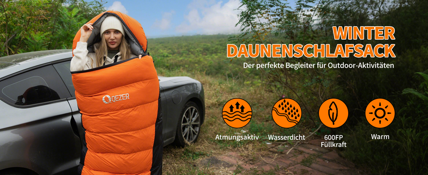 Спальний мішок пуховий зимовий, 600FP+ Premium, 7°C/ -24°C, легкий, теплий, 3-4 сезони, для кемпінгу, трекінгу, чорний/помаранчевий