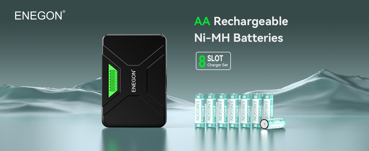 Зарядний пристрій ENEGON 8-Fach для AA/AAA акумуляторів з LCD дисплеєм + 8 Ni-MH AAA акумуляторів 1100mAh, USB-C станція для пульт дистанційного керування, термометрів та електроніки